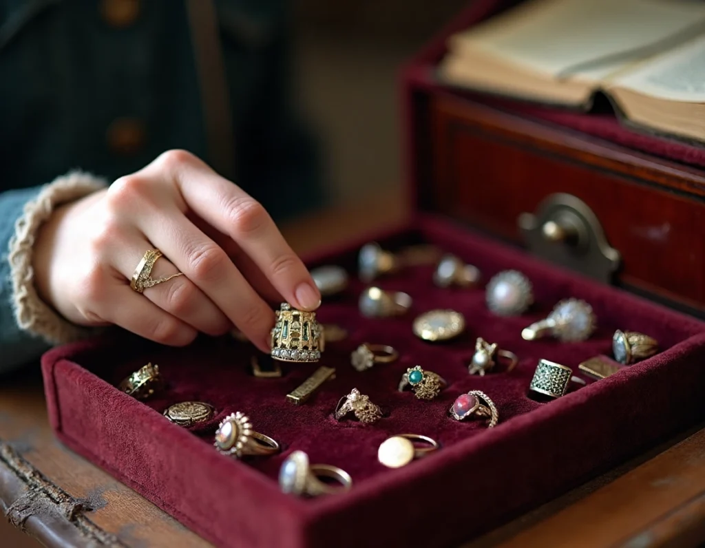 femme qui repose une bague dans une boîte pleine d'anciens bijoux femme qui repose une bague dans une boîte pleine d'anciens bijoux