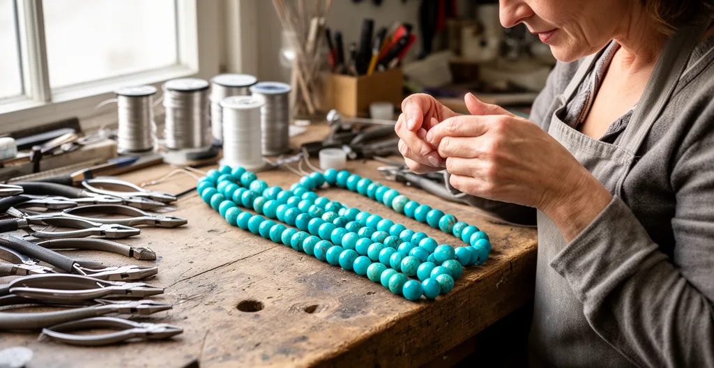 Artisane bijoutière comparant deux fils de perles en turquoise dans son atelier