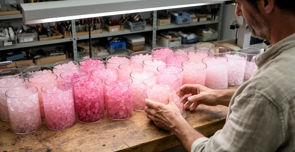 Artisan organisant des containers de quartz rose triés par nuance