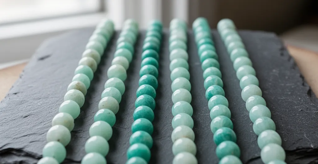 Cinq fils de perles amazonite montrant les variations de teintes entre lots